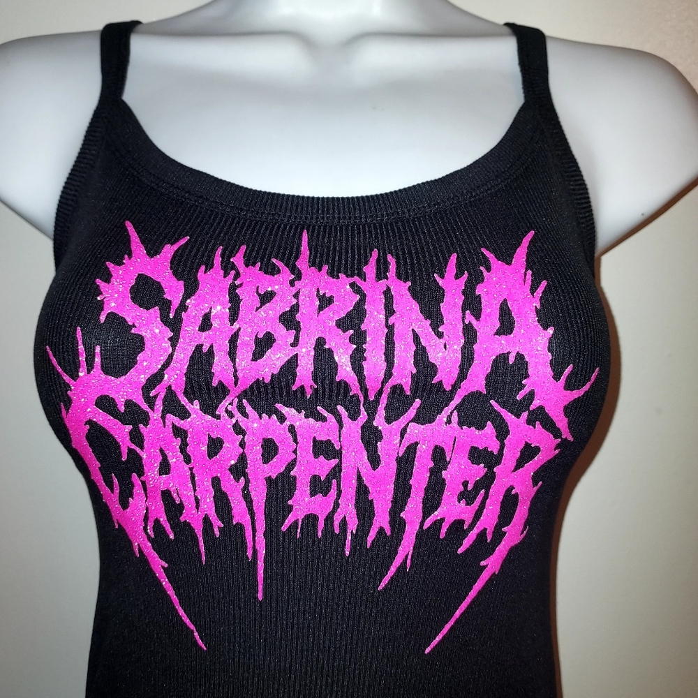 Sabrina Carpenter Tank Top Short And Sweet Death Metal Logo Pink Glitter